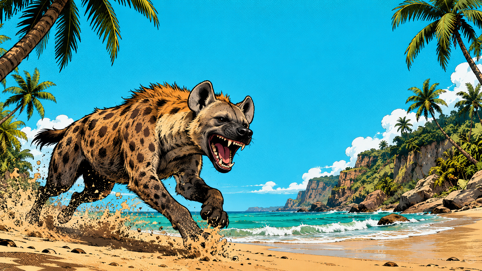 Hyena Beach — 16:9-Comiccover: Eine Tüpfelhyäne rennt über den sonnenbeschienenen Strand