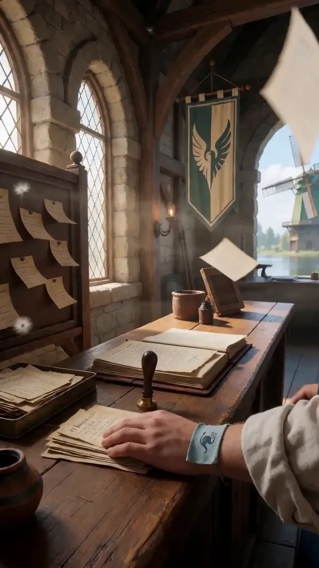 Einzelbild aus dem finalen Video — der Messingstempel knallt auf die Unterlagen