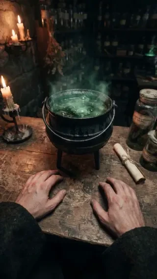 Frame from the final video — POV down at the simmering cauldron (0-3.3s)
