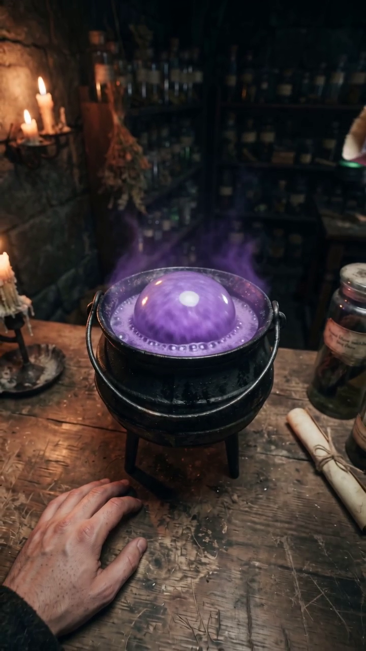 Einzelbild aus dem finalen Video — der Trank wird violett, als das Pulver hineinfällt (6,6–10 s)