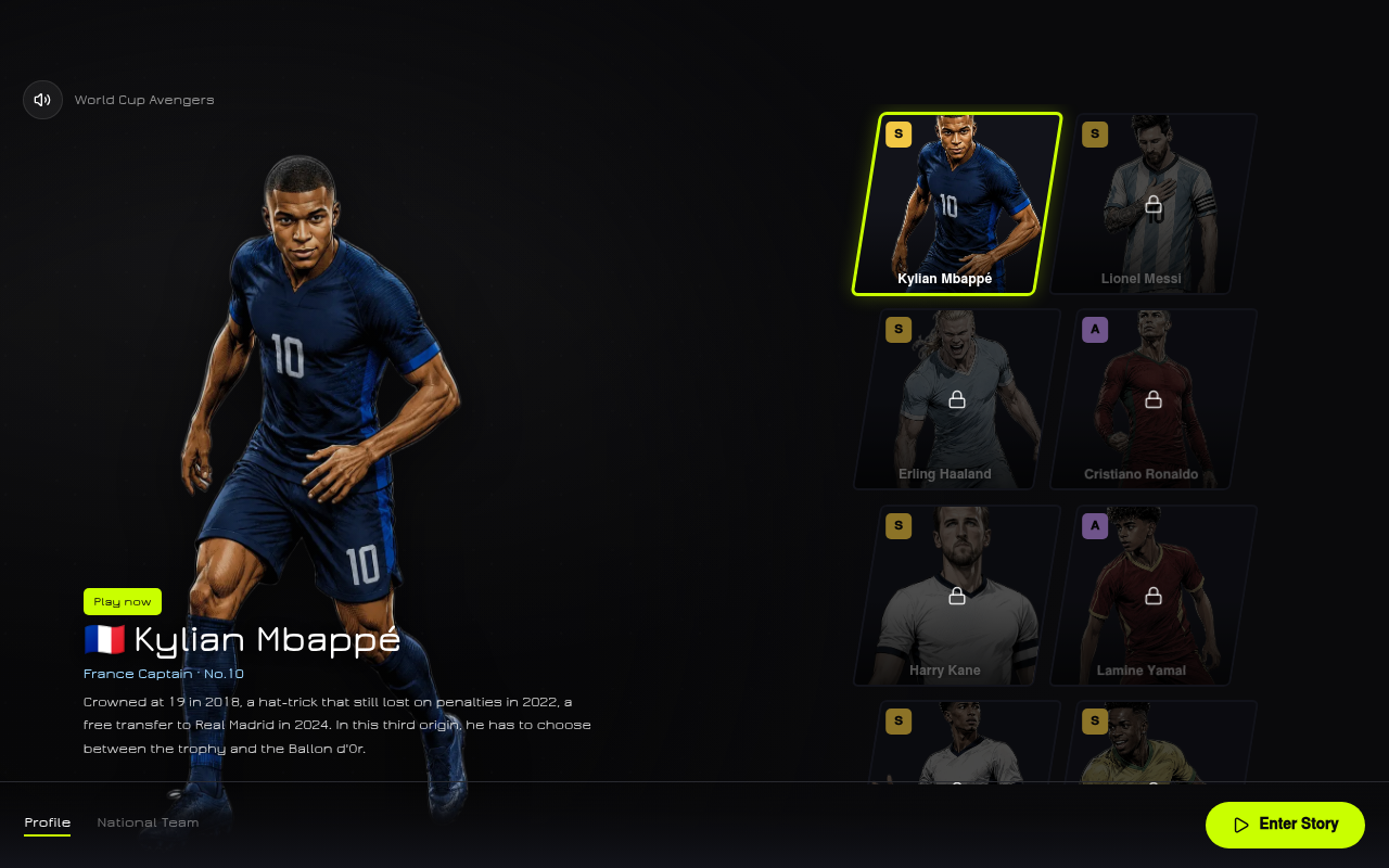 Gameplay – World Cup Avengers Kader-/Titelbildschirm