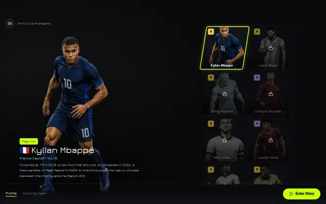 Gameplay — World Cup Avengers roster / title screen