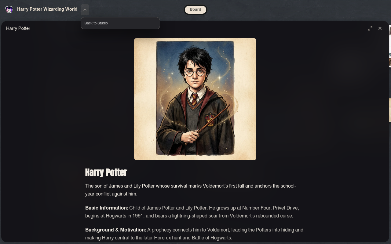 Neta Studio – vom Board geöffnetes Charakterprofil von Harry Potter