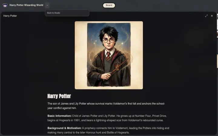 Neta Studio — Harry Potter character profile open from the board