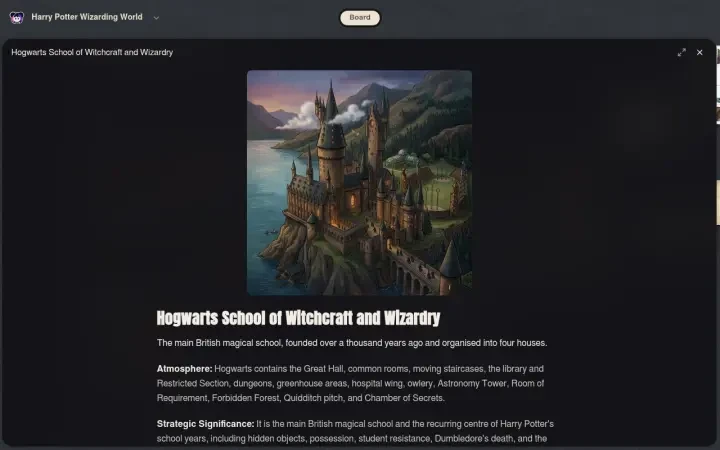 Neta Studio — Hogwarts location profile open from the board