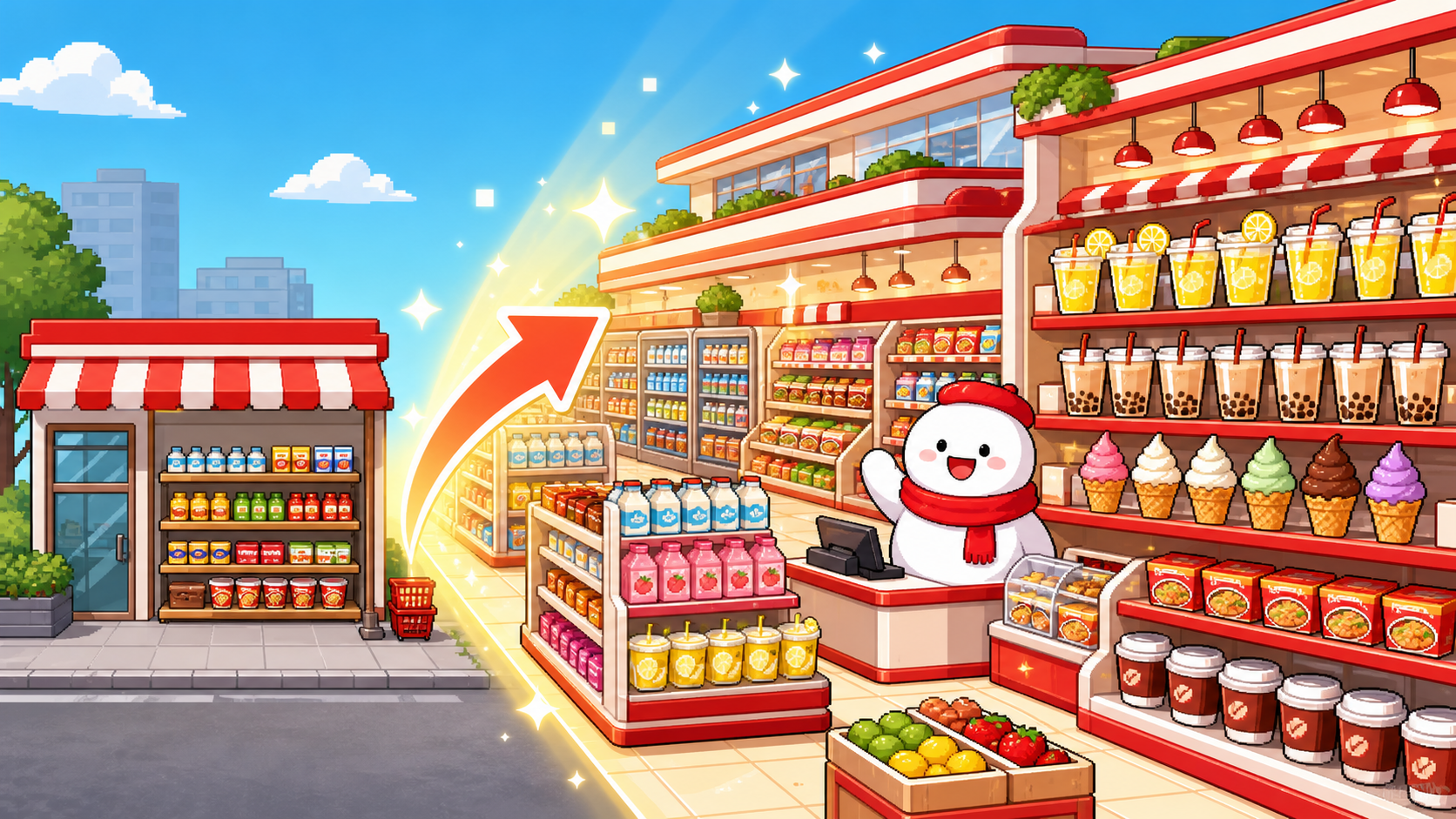Supermarket Merge Shop — Un pasillo, 26 tiendas, un imperio minorista de píxeles