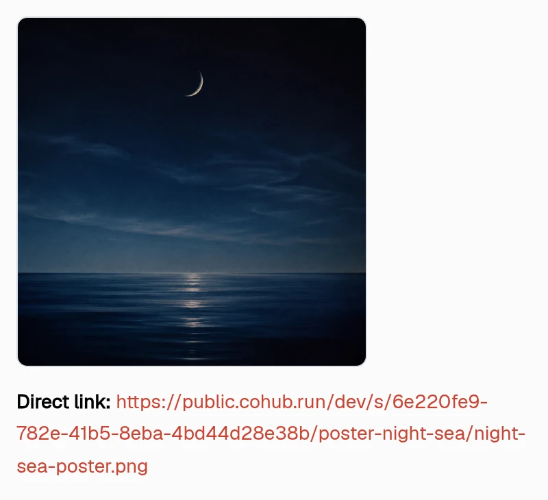 A generated poster returned inline in a Cohub chat, with the file saved into the Space