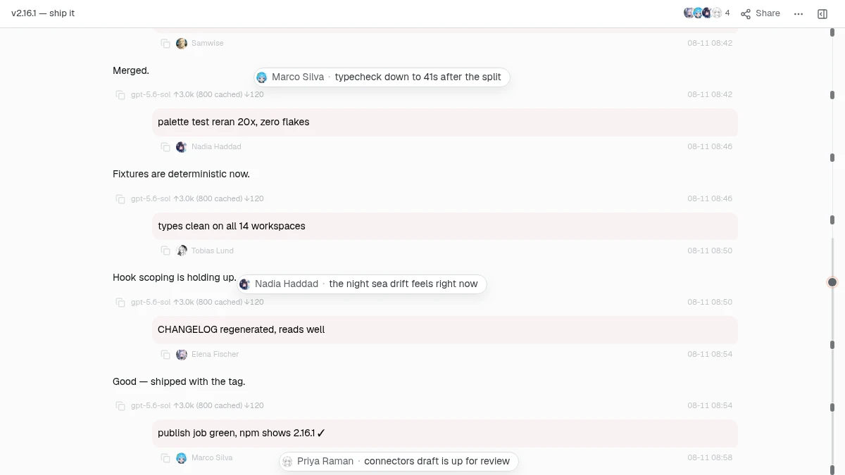 Several people taking turns in one Cohub chat, with forked sessions and live messages drifting past
