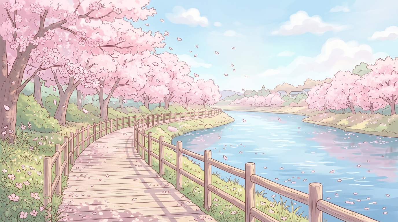 Riverside Cherry Blossoms — scene background