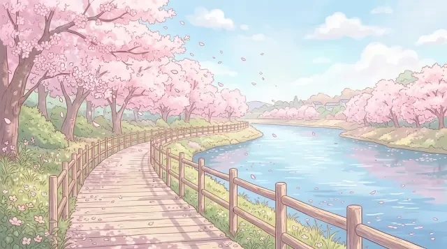 Kirschblüten am Flussufer — Szenenhintergrund